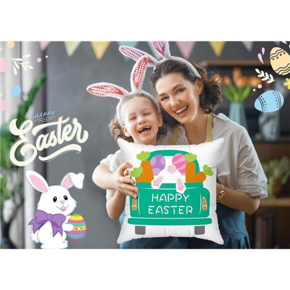 Minetom Easter Pillow Covers 18x18 Set of 4 Easter Decorations for Home Bunny - Picture 3 of 7